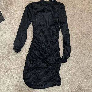 Likely XS/S Long Sleeve Ruched Bodycon Mini Dress Black Velvet Cheetah Burnout